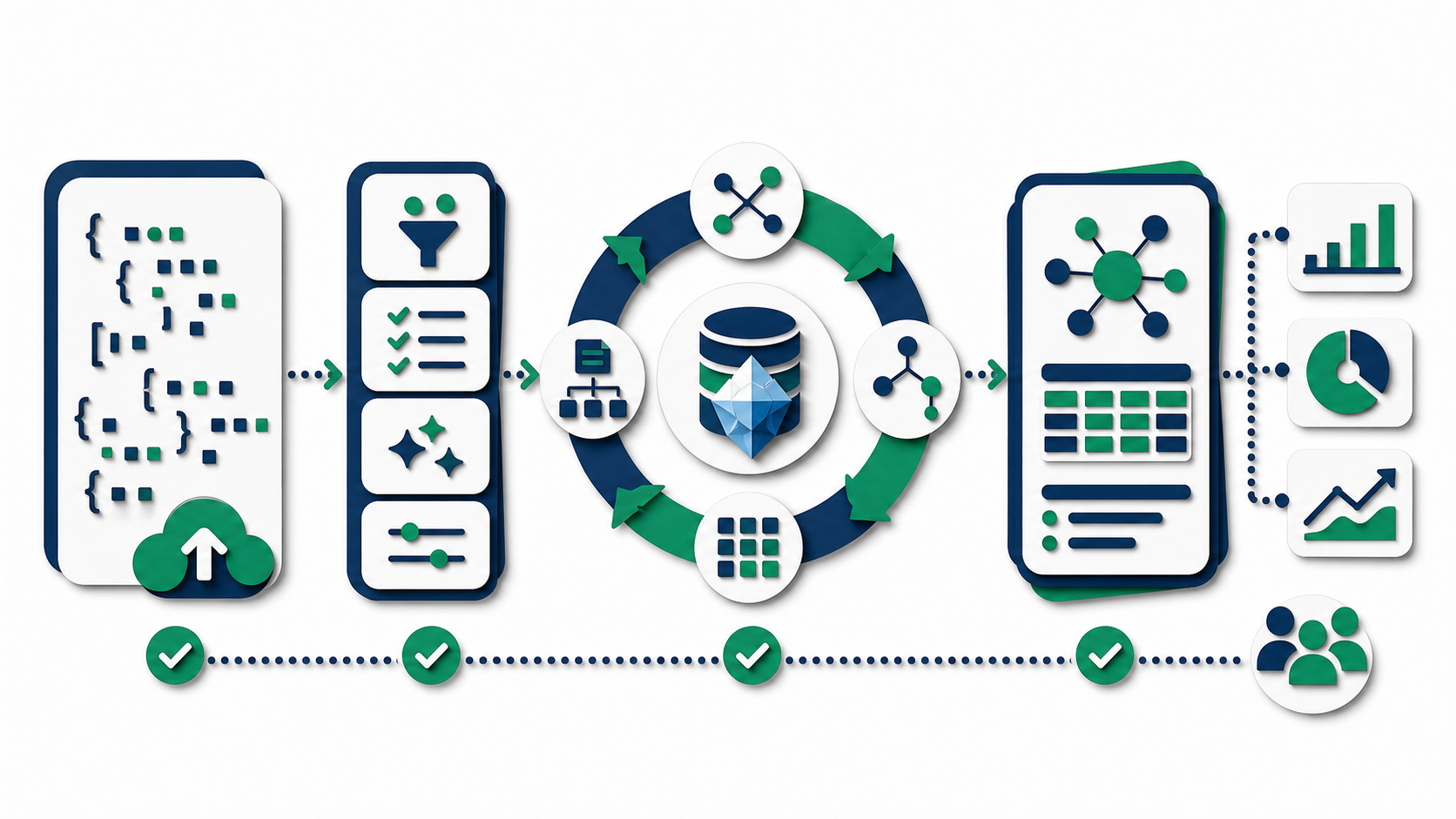 Layered papercut lifecycle showing raw nested payloads becoming validated curated semantic data